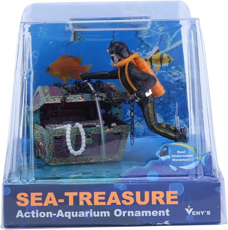 Aquarium Ornament Moving Frogman with Treasure Chest Fish Tank Decoration - Image 1